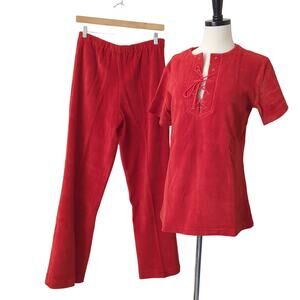 Vintage 60s-70s Donnkenny‎ Women Pants Suit Set Velvet Velour Red Orange EUC L